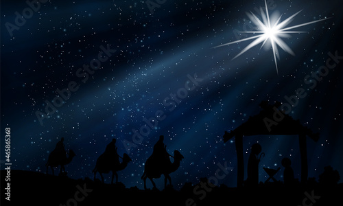 Three kings and jesus on Christmas night with a starry sky, art video illustration.