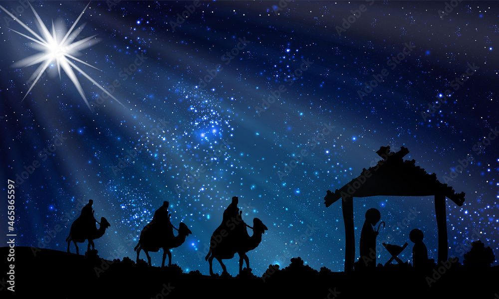 Fototapeta premium Wise men and jesus on a starry christmas night, art video illustration.