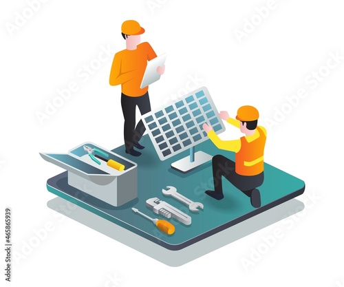 Two builders are installing solar panels