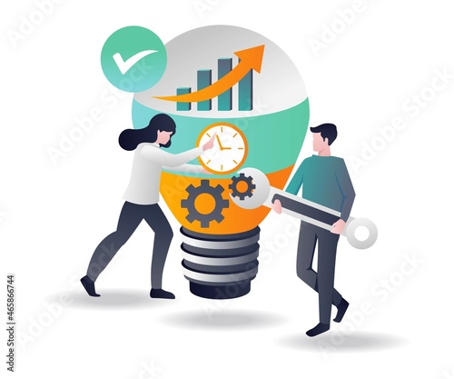 The concept of isometric illustration, taking action from an idea and time