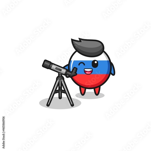 russia flag astronomer mascot with a modern telescope