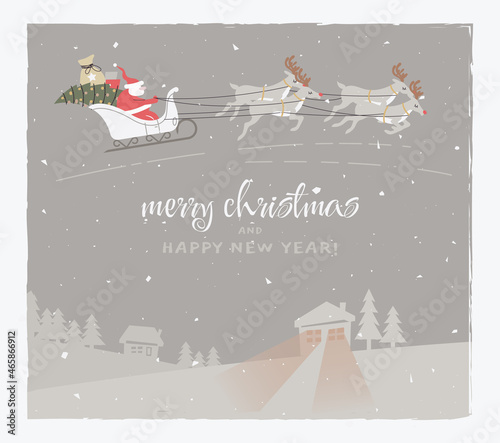 Merry christmas card with santa claus sleigh and reindeer flying in the sky above snow houses. Flat design greeting postcard. Vector hand drawn illustration