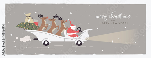 Merry christmas funny card with santa claus sleigh and reindeer. Greeting horizontal postcard in flat design. Vector hand drawn illustration