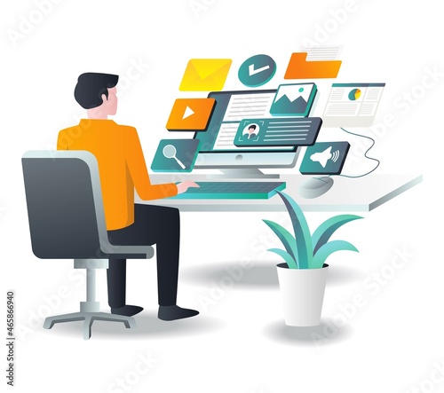 Man working with computer with app in isometric illustration