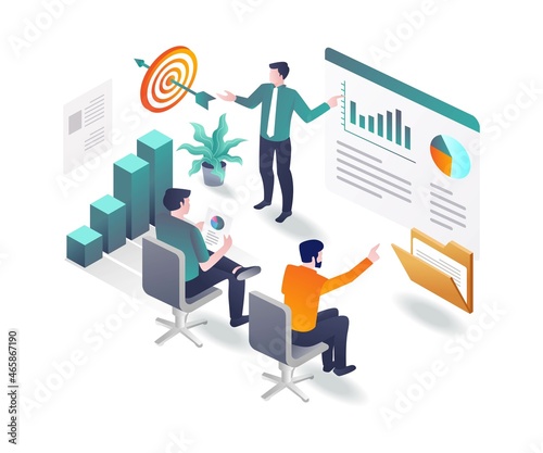 Show successful bar chart on target in isometric illustration
