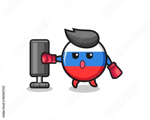 russia flag boxer cartoon doing training with punching bag