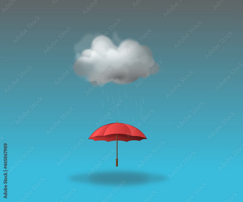 A red umbrella floating and a dark cloud above in a blue background