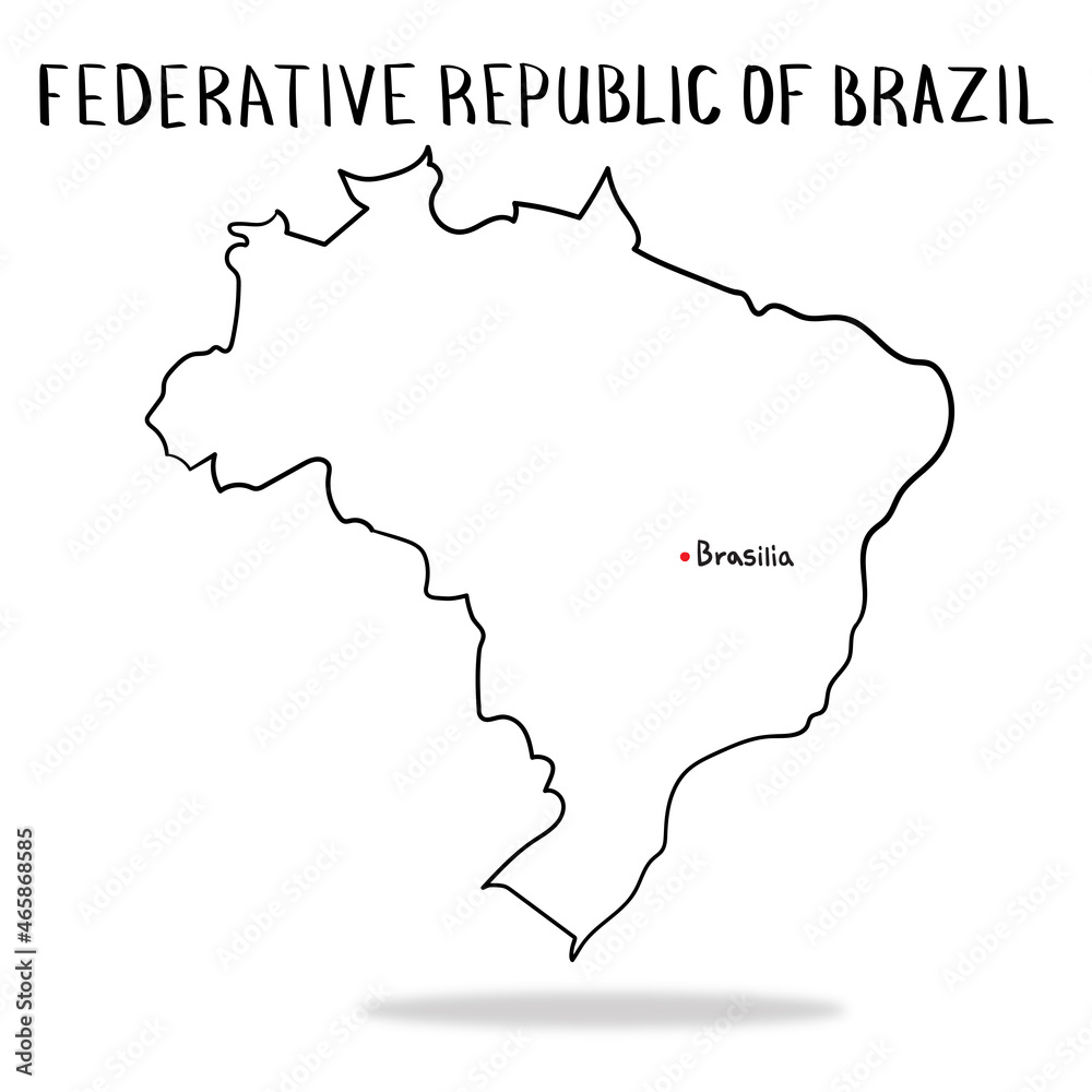 Hand drawn country map Federative Republic of Brazil with capital brasilia