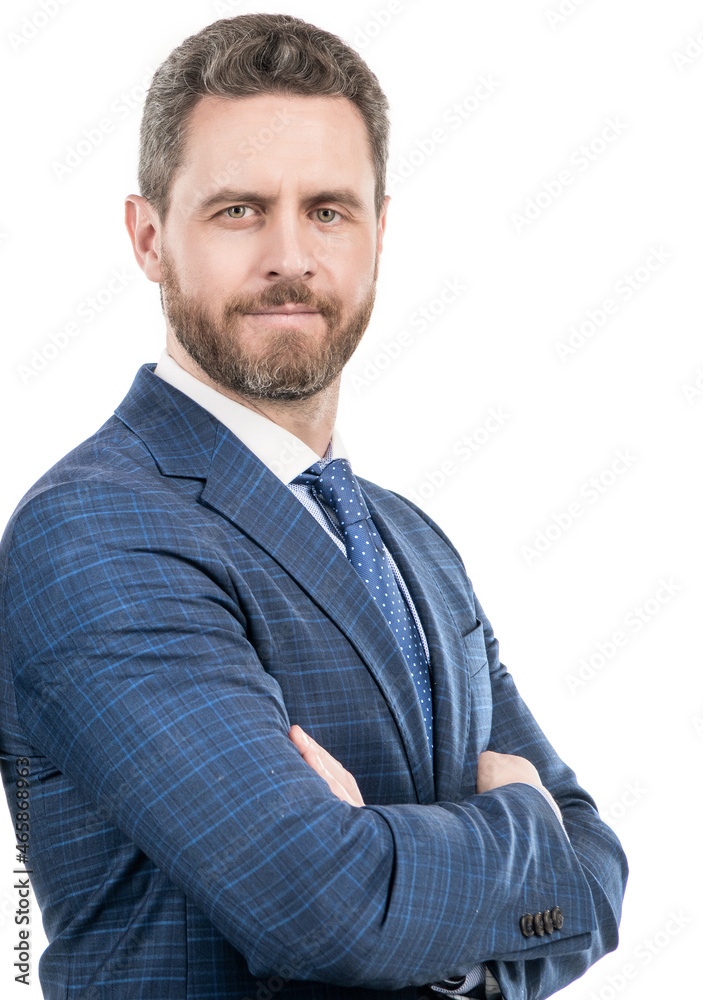 Serious confident professional employee man keep arms crossed in formal suit, confidence