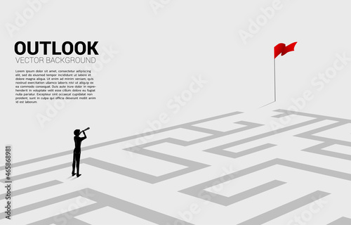 Silhouette of businessman look in telescope enter to maze to red flag. business concept for finding solution and reach goal