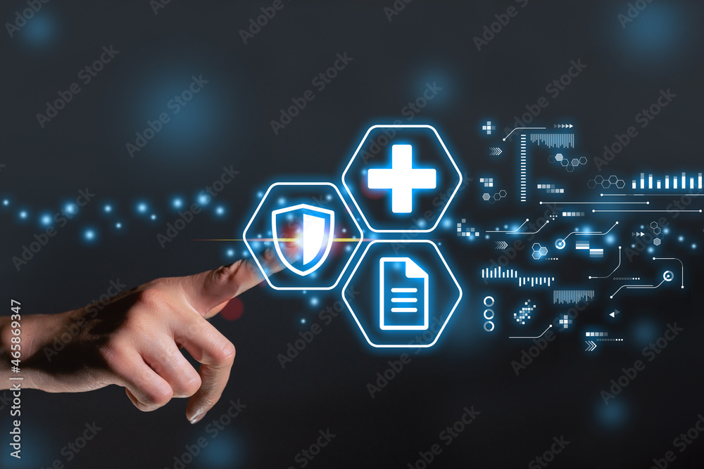 Concept of paperwork for medical insurance on an abstract display touching a finger Concept of paperwork for medical insurance on an abstract display touching a finger