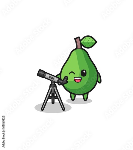 avocado astronomer mascot with a modern telescope