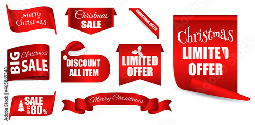 set of realistic red banner christmas sale isolated or scroll red paper christmas or christmas sale tag greeting. eps vector