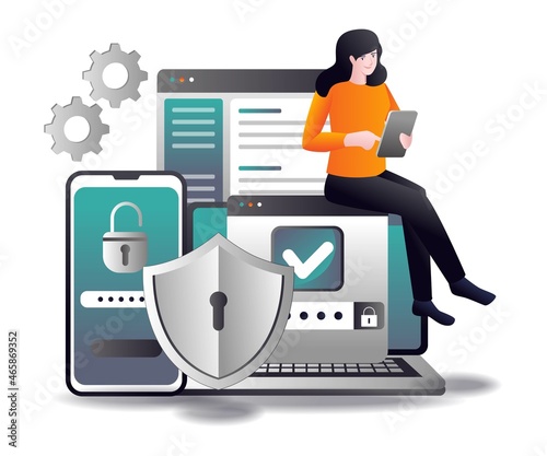 Girl opening laptop and smartphone security password