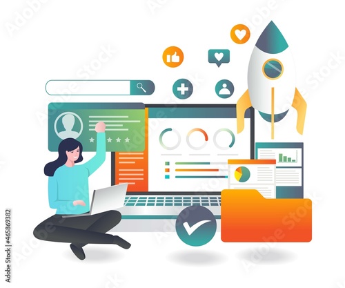 Girl is launching a rocket and social media marketing strategy