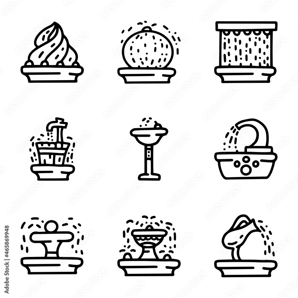 Fountains line vector doodle simple icon set Fountains line vector doodle simple icon set