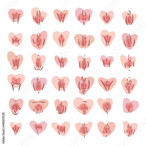 Cute pink vulva hearts pattern. Feminists symbol photo