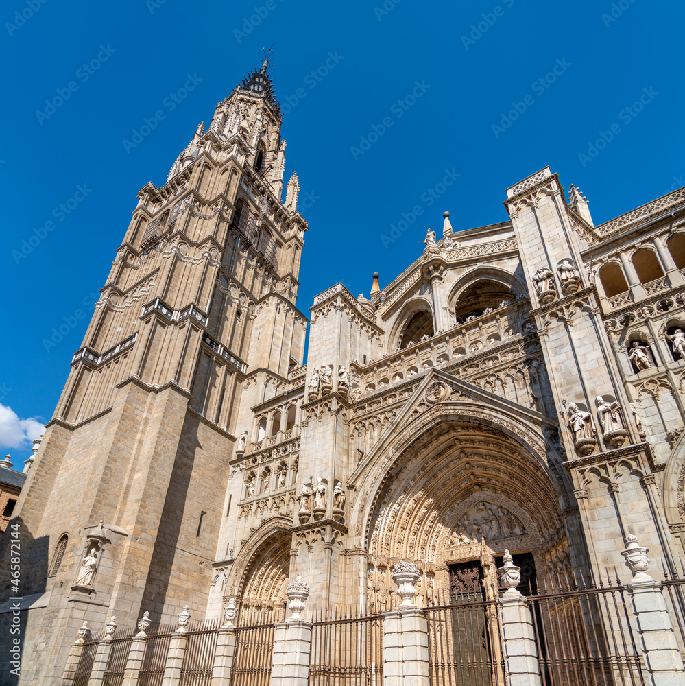 View of the Main Entrance and Exterior of the Cathedral in Toledo with Clear Skies