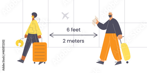 Woman and man wearing masks walking with suitcases at the airport 6 feet apart. Social distancing and safe traveling concept. Flat vector illustration banner.
