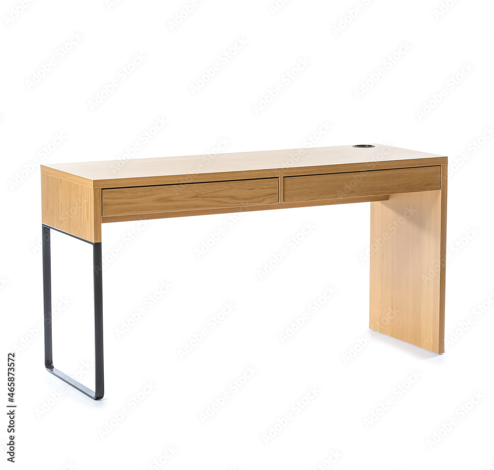 Modern wooden table with drawers on white background Modern wooden table with drawers on white background