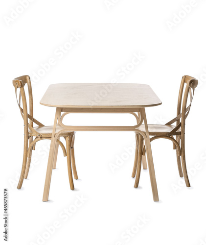 Wooden dining table and chairs on white background