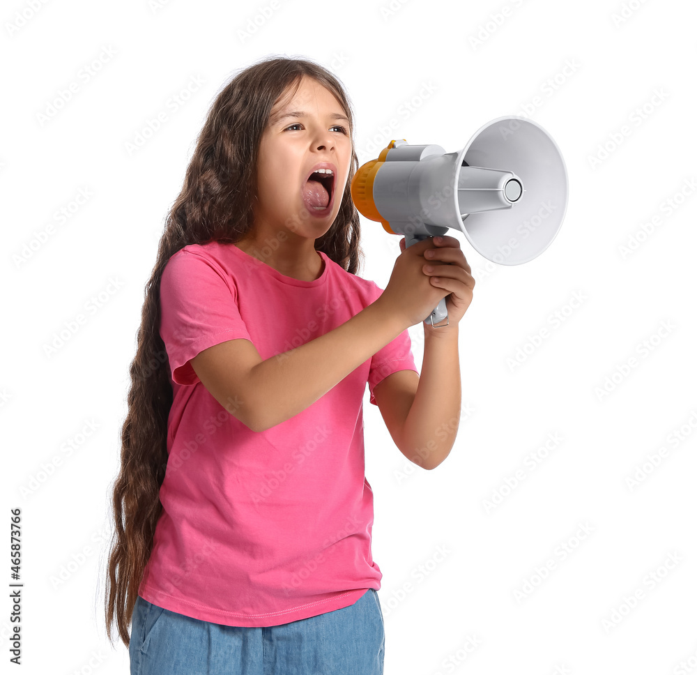 Protesting little girl with megaphone on white background Protesting little girl with megaphone on white background