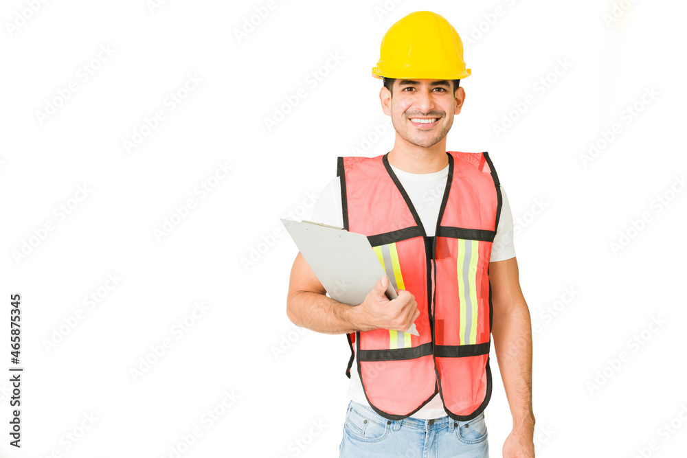 Happy worker against a white background