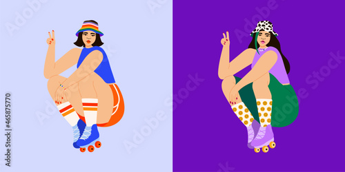 Illustration set of young person roller skating day and night