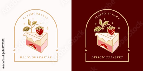 Hand drawn vintage cake, pastry and bakery elements with strawberry fruit and floral leaf illustration for food logo, emblem, cafe icon, brand, sticker or product decoration