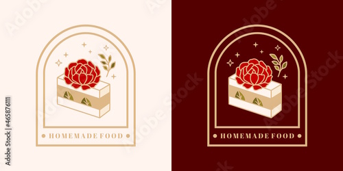 Set of hand drawn vintage cake, pastry and bakery elements with strawberry, rose flower, green tea, and floral illustrations for food logo, emblem, icon, brand, sticker or product decoration