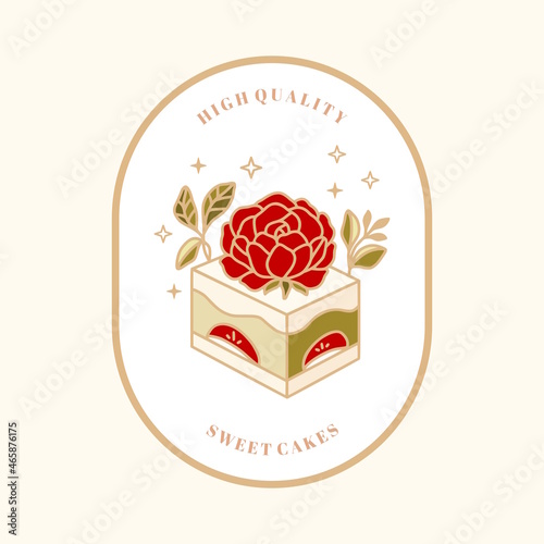 Set of hand drawn vintage cake, pastry and bakery elements with strawberry, rose flower, green tea, and floral illustrations for food logo, emblem, icon, brand, sticker or product decoration