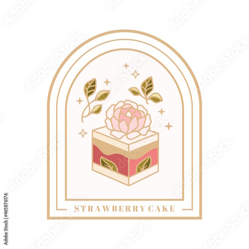 Hand drawn vintage cake, pastry and bakery elements with strawberry, peony flower, green tea, and floral vector illustration for food logo, emblem, icon, brand, sticker or product decoration