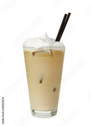 Glass of iced hojicha latte on white background