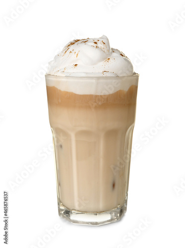 Glass of iced hojicha latte on white background