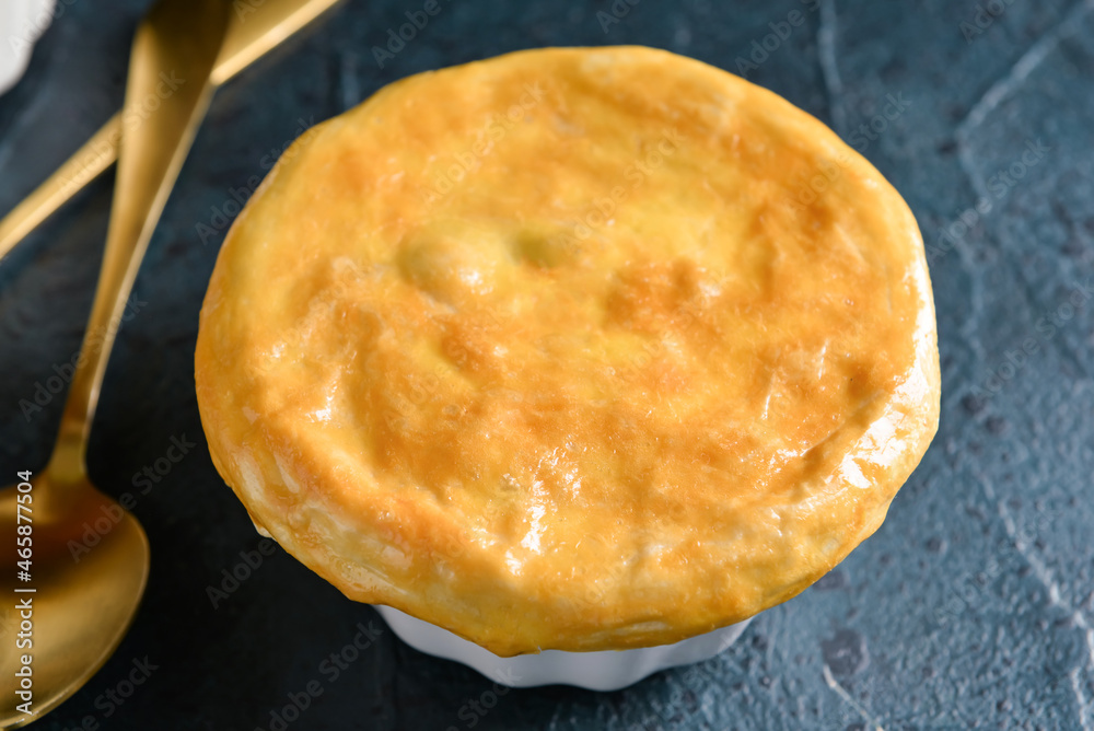 Tasty vegetable pot pie on black background, closeup Tasty vegetable pot pie on black background, closeup