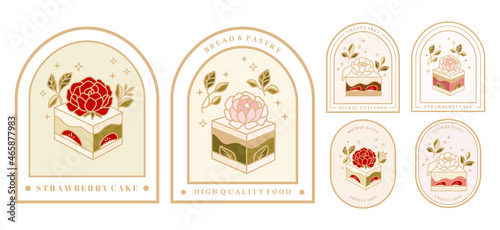 Collection of Vintage Cake Logo and Food Label with Strawberry, Frame, & Floral Elements