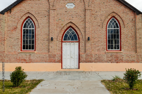 Photography Front view of old Baptist church in the town of Gaiman, in Chubut, Argentina