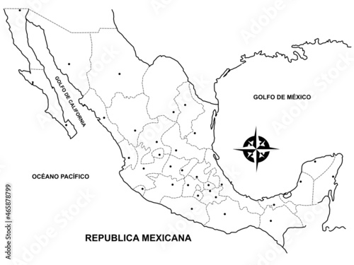Map of the Mexican Republic or Mexico with political division and points where the capital of each state is