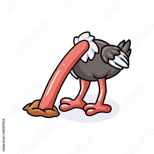 Cute little ostrich bird cartoon hiding a head in hole