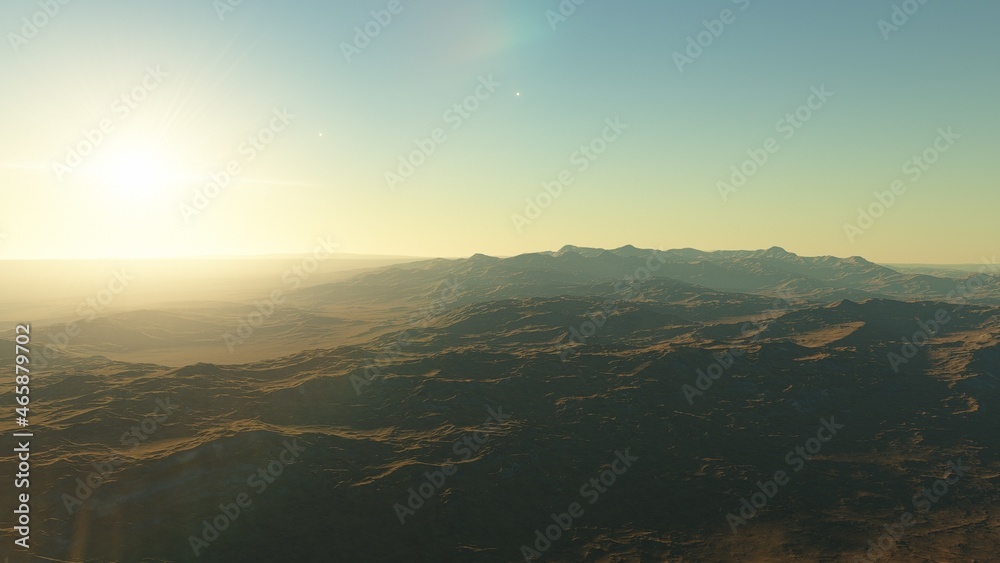 Fototapeta premium alien planet landscape sci fi spatial background, view from planet surface with spectacular sky, realistic digital illustration