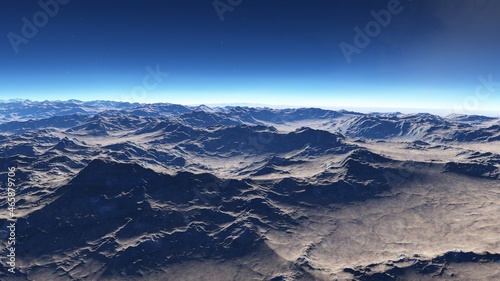 alien planet landscape sci fi spatial background, view from planet surface with spectacular sky, realistic digital illustration