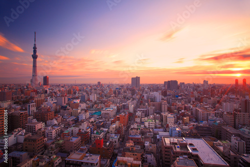 朝日と流れる雲と東京スカイツリーと下町両国の街並, 墨田区,東京都
