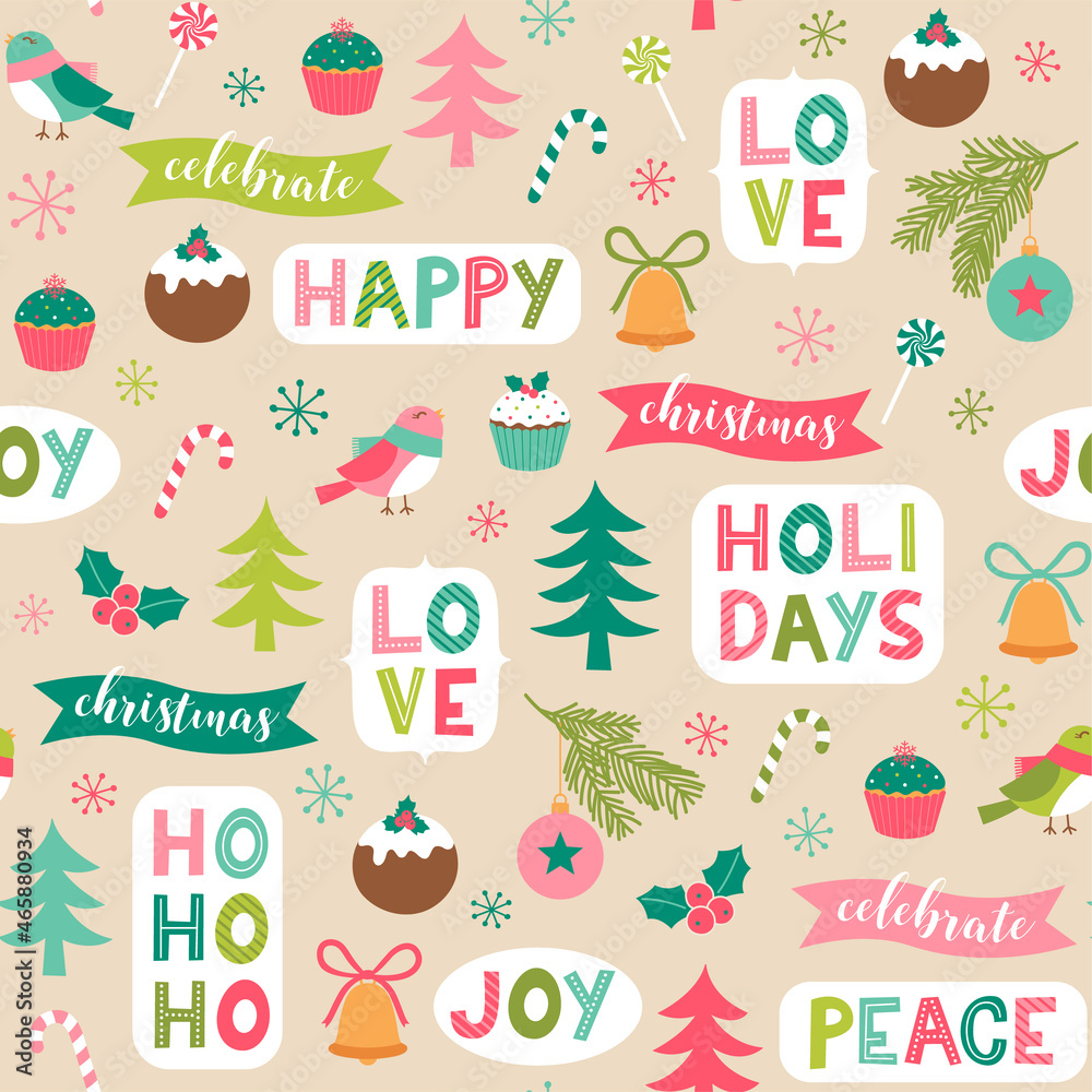 Cute christmas elements and words seamless pattern background. Cute christmas elements and words seamless pattern background.