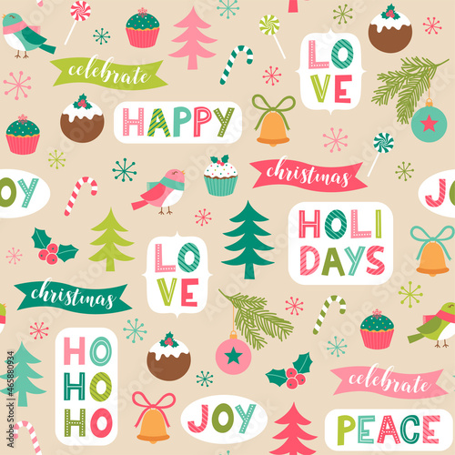 Cute christmas elements and words seamless pattern background.