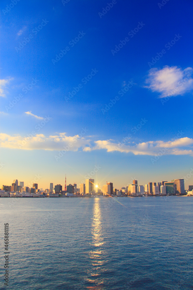 東京タワーと夕日に輝くベイエリアのビル群, 港区,東京都 東京タワーと夕日に輝くベイエリアのビル群, 港区,東京都