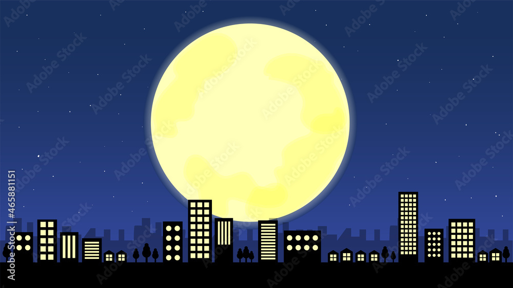 月が昇る夜の街並みのベクター背景グラフィック