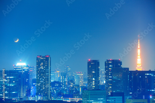 東京タワーと都心のビル群と月,夜景, 中央区,東京都 photo
