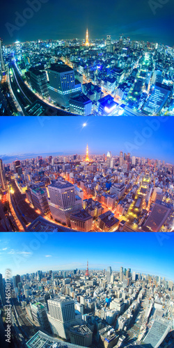 東京タワーとビル群,夜景と朝の月と昼, 港区,東京都