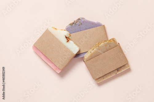 Aromatic Natural Soap. Different Handmade soap bars  on table. No plastic concept. Top view photo