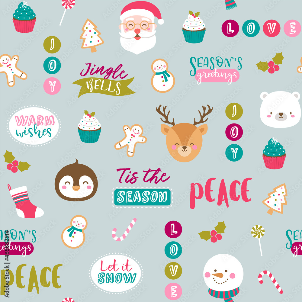 Cute christmas character and element seamless pattern background.
